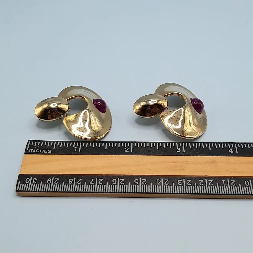 Vintage Chunky Dangle Clip Earrings, Purple Cabochons, Gold Tone, 1980s